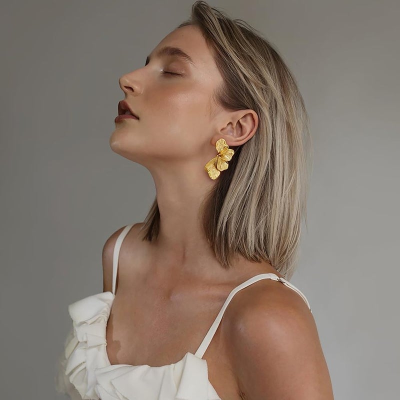 FAUTHENTICUTE Chunky Gold Statement Earrings For Women Gold Plated Sectored Flower Leaf Shell Angel Wing Earrings Large Stud Earrings Hypoallergenic Earrings - Image 2